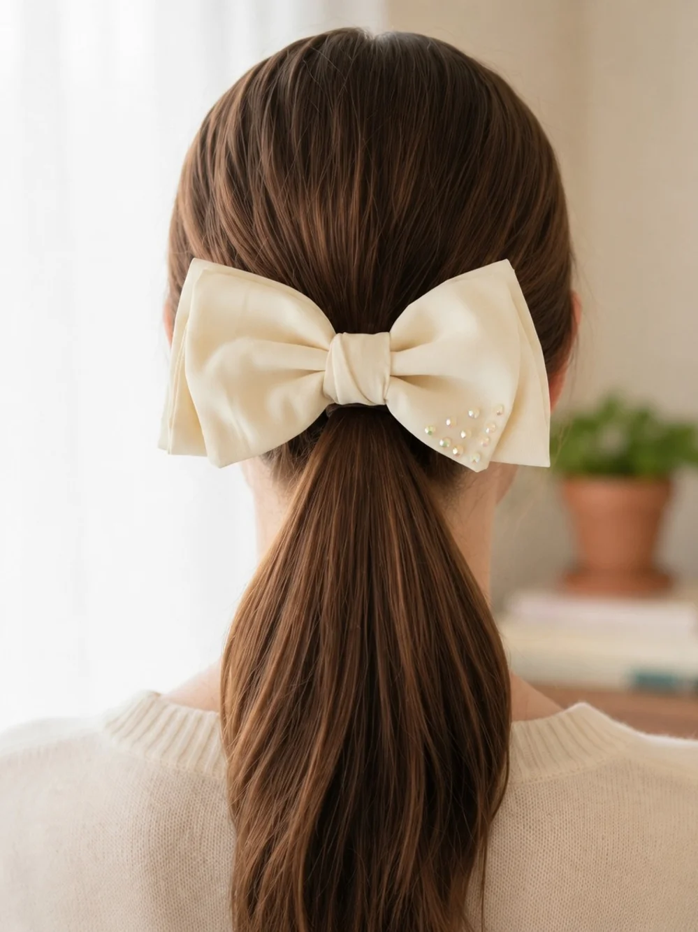 Handmade Pearl-Embellished Cream Satin Bow Hair Clip✨🎀